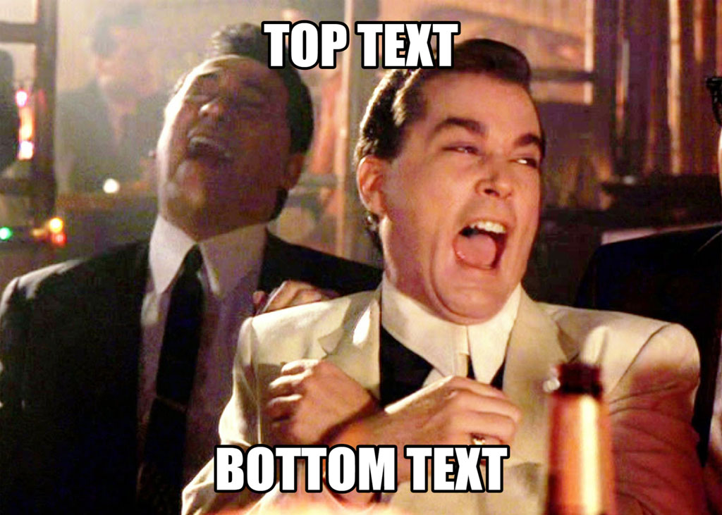 Two men in suits, one laughing and one looking up, with top and bottom text overlay