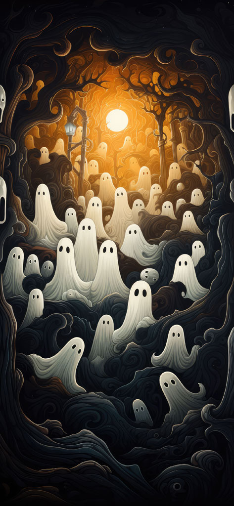 An illustration of numerous ghosts in a dark, mystical forest illuminated by a full moon and a streetlamp.