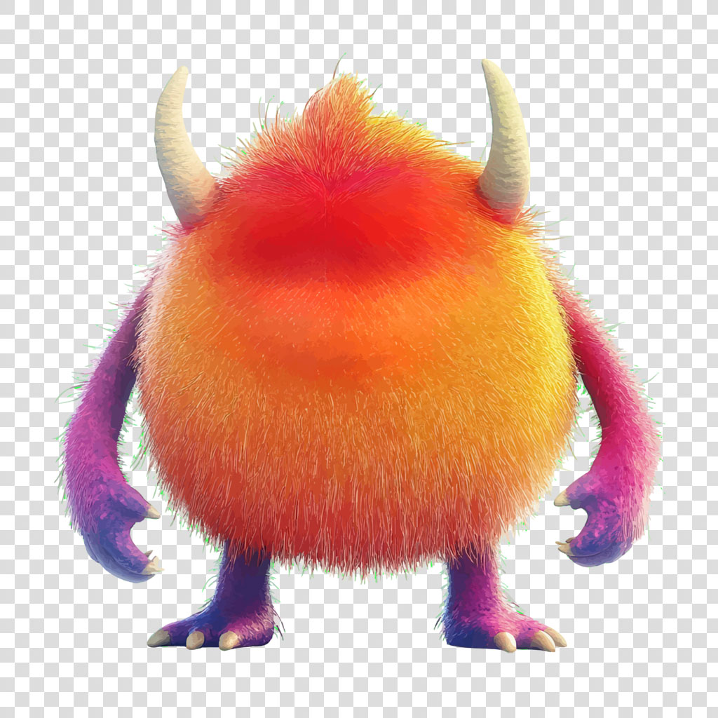 A cartoon monster with orange, yellow, and purple fur and two white horns