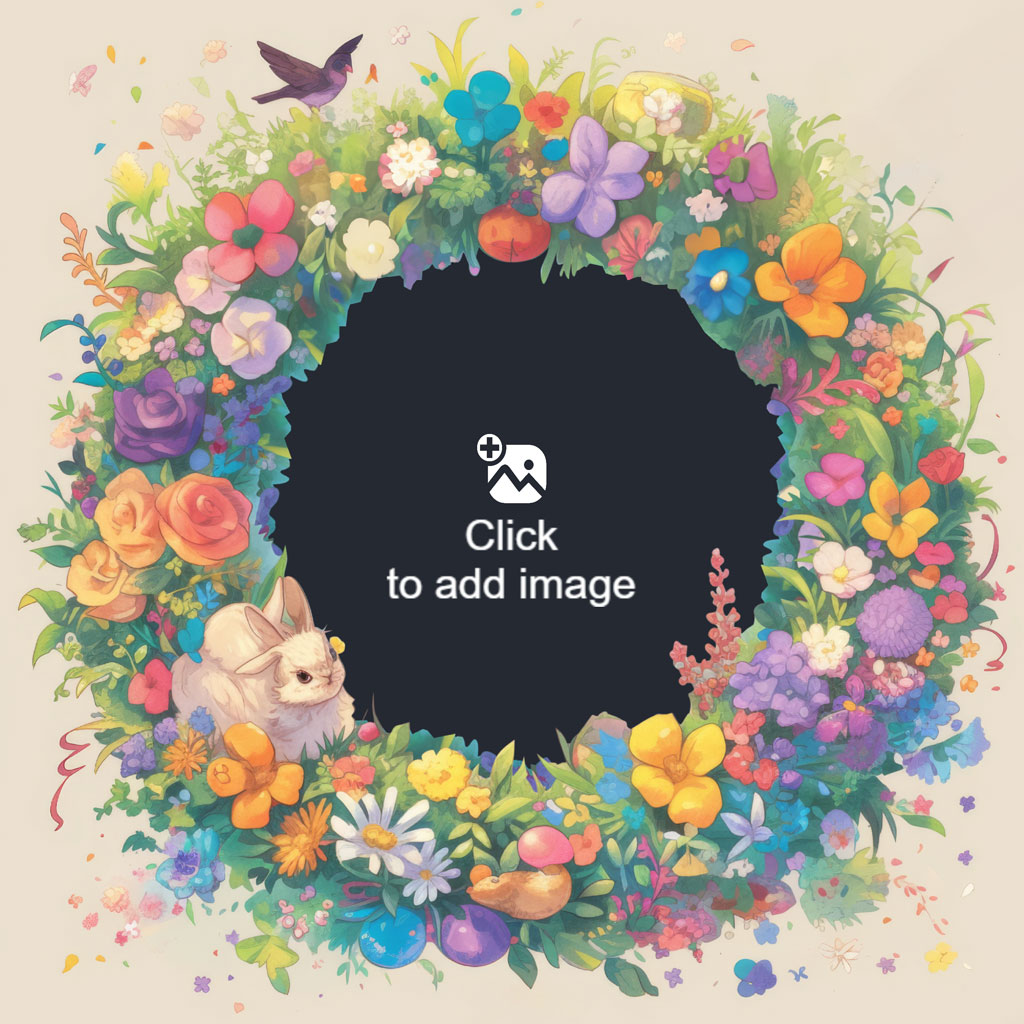 A floral wreath with a white Easter bunny and various colorful flowers surrounding a black center.