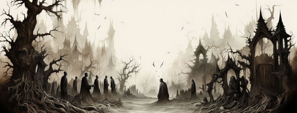 A haunting illustration of mysterious figures in dark robes gathered in a desolate landscape with twisted trees and gothic ruins.