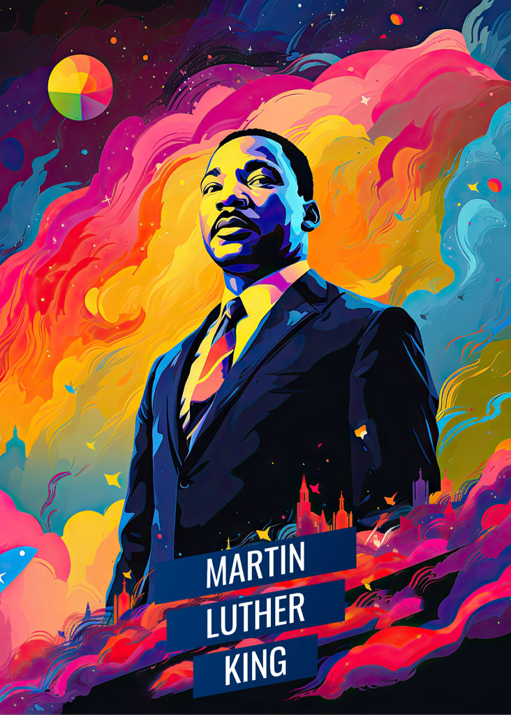 Colorful illustration of Martin Luther King Jr. in a suit with a tie, set against a swirling background