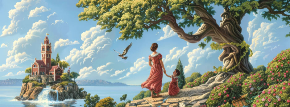 Mother and child in red dresses standing near a tree with a red church on a distant island