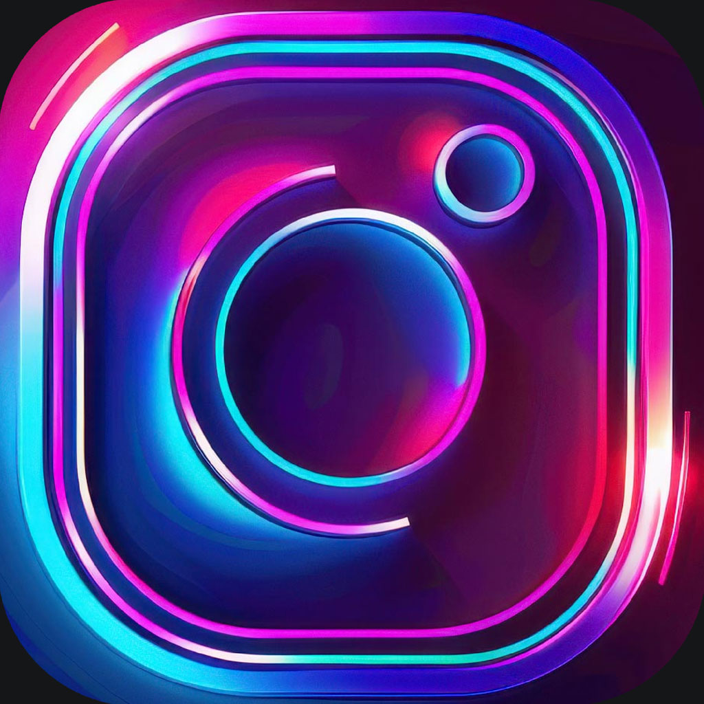 Neon Instagram logo with camera lens