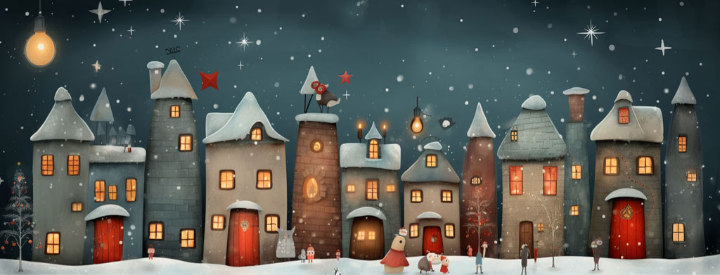 Illustration of a snowy village with houses and Santa Claus flying over
