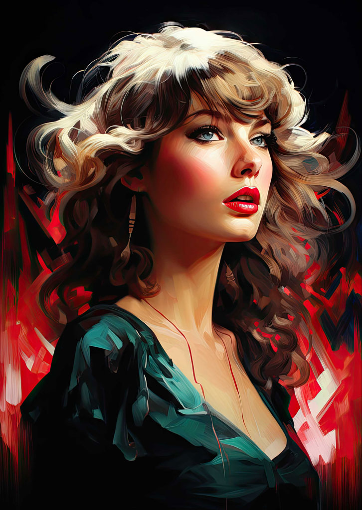 Portrait of Taylor Swift with curly hair and red lips