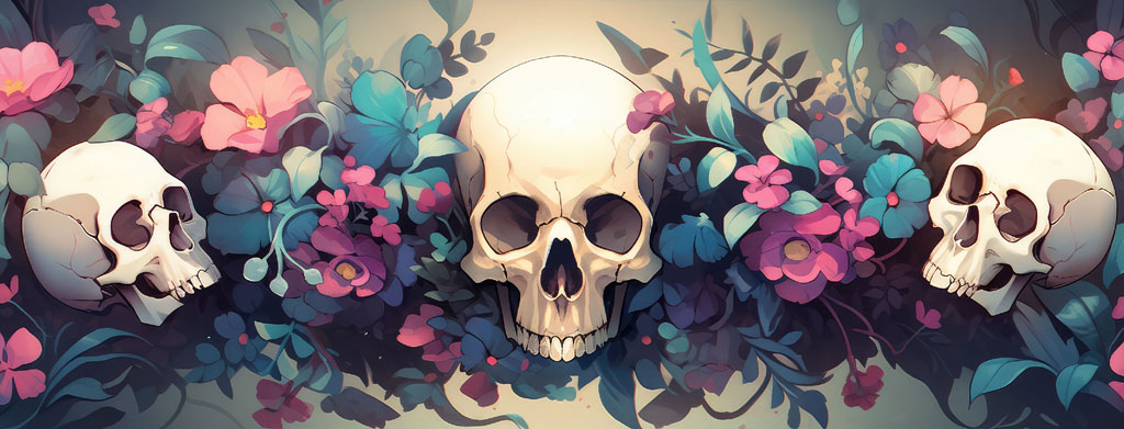 Three skulls amidst colorful flowers and leaves
