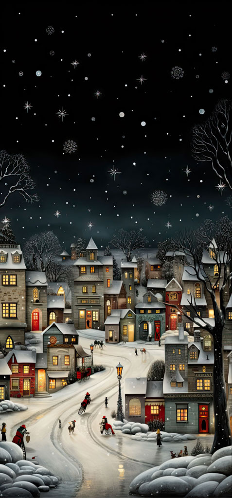 Illustration of a snowy village with people and houses under a starry night sky