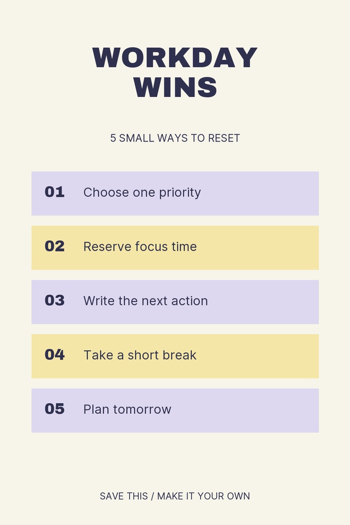 Portrait Pinterest pin with the title Workday Wins and five numbered productivity tips on pastel bars.