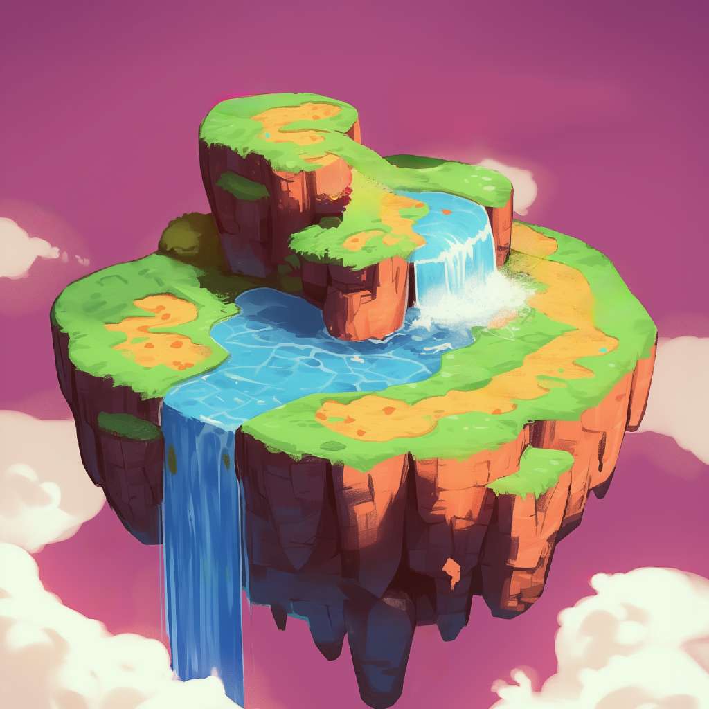 A cartoon-style floating island with a lake and waterfalls against a pink sky with clouds.