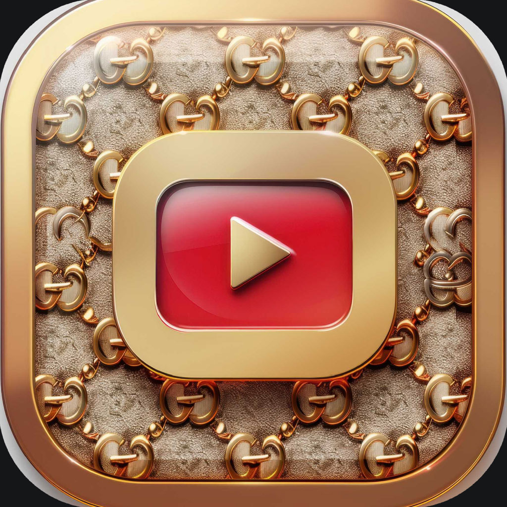 Luxury YouTube icon with gold play button and ornate chains