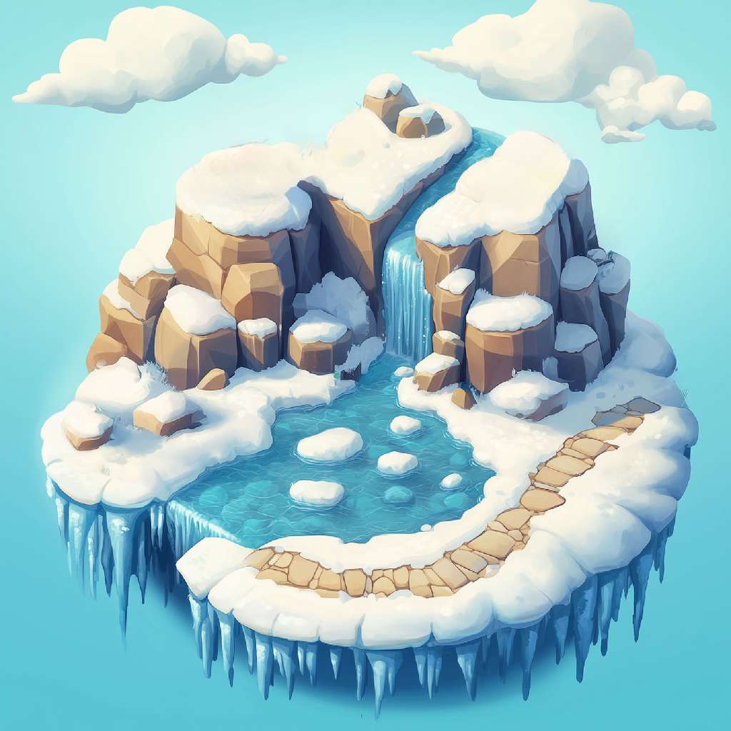 A cartoon illustration of a small, snow-covered island with a waterfall and a pool of water surrounded by icicles.