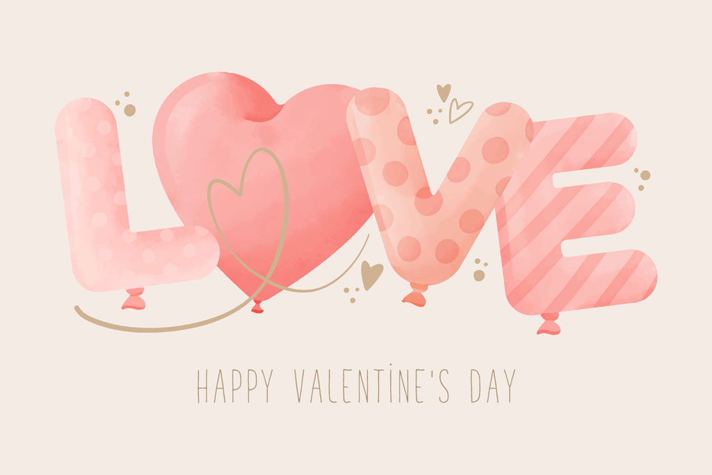 Valentine's Day greeting with LOVE spelled out in balloons