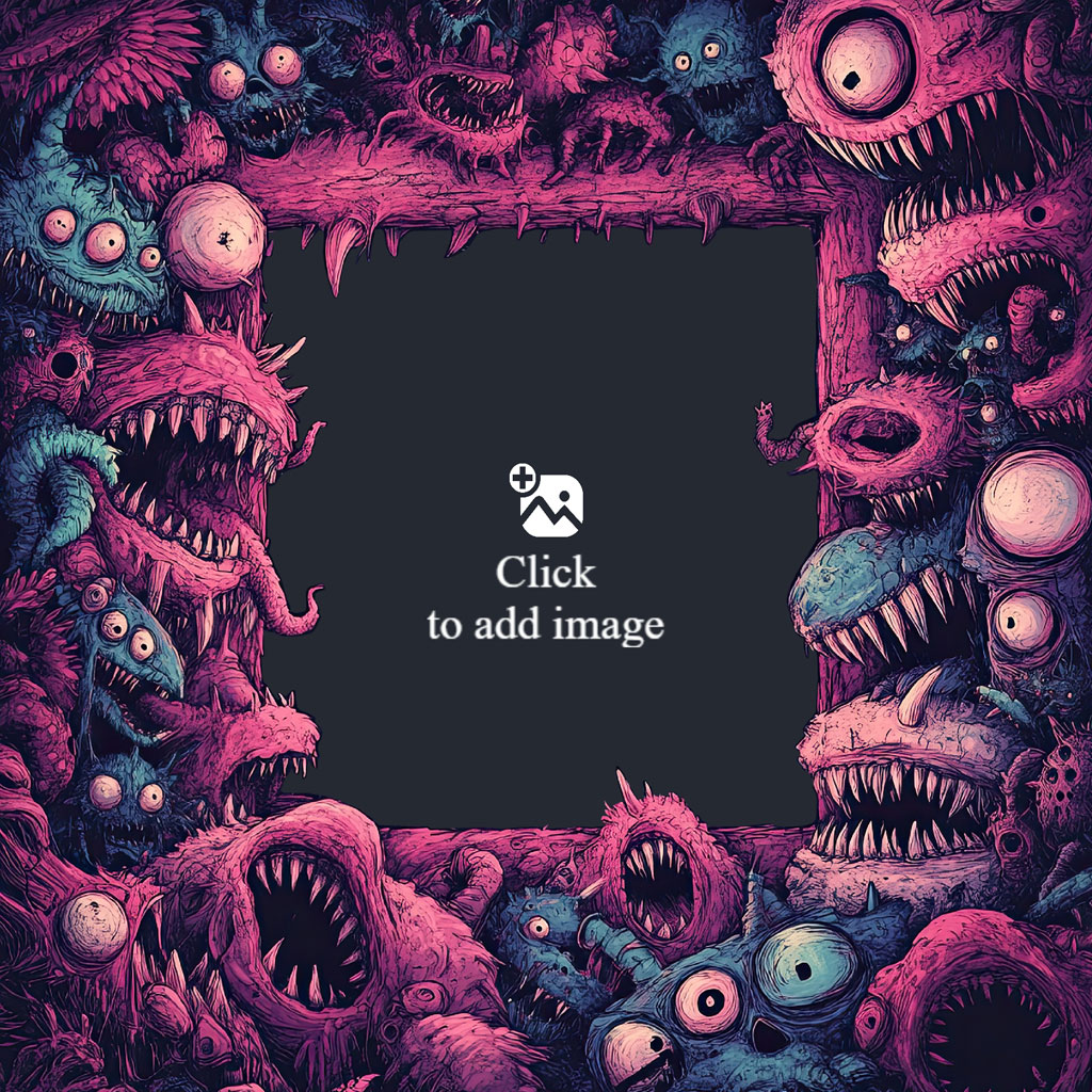 A black square frame surrounded by various colorful monsters with sharp teeth and eyes.
