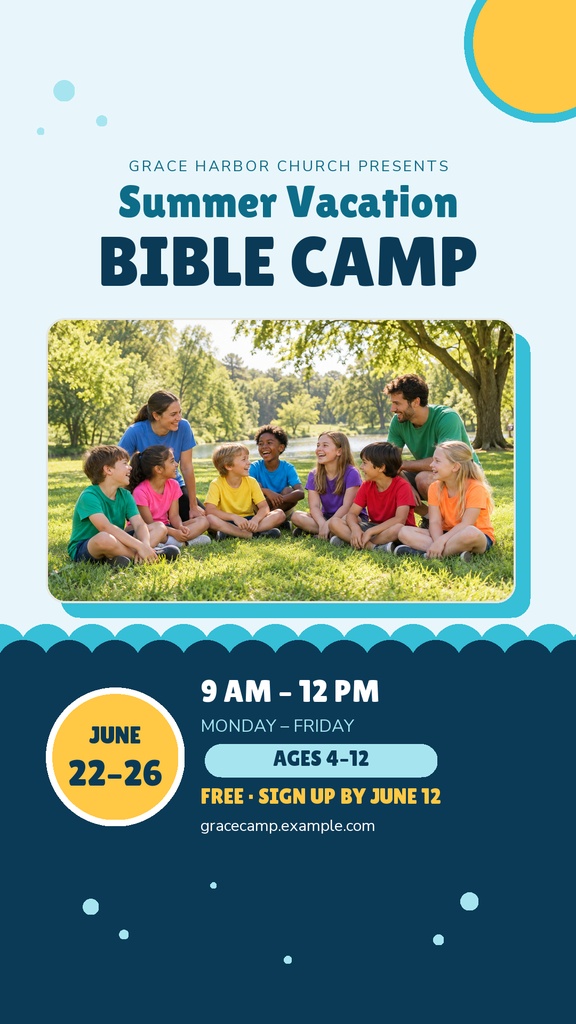 Instagram story template with children sitting outdoors at a summer Bible camp event.