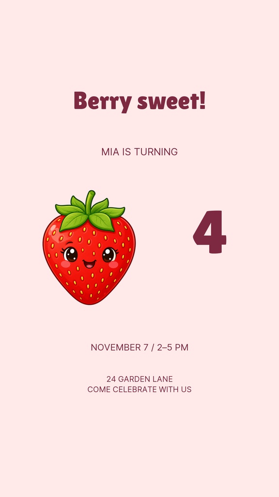 Pink birthday story template with a strawberry character, age four, and party details.