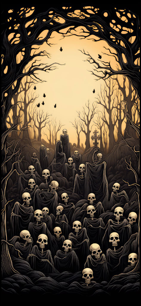 Illustration of skeletons in dark robes gathered in a cemetery