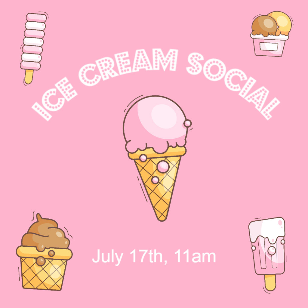 Ice Cream Social event poster featuring various ice cream illustrations on a pink background.