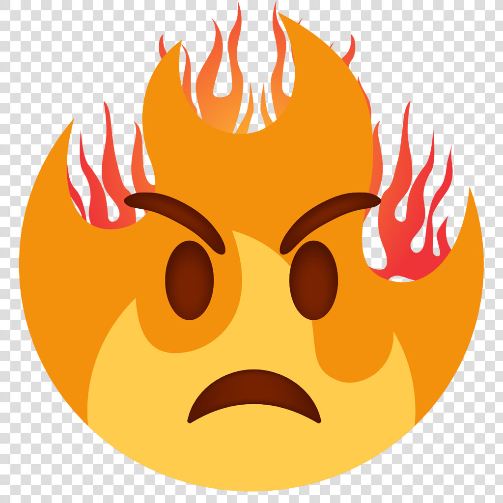 An emoji with a yellow face, furrowed eyebrows, and flames around its head
