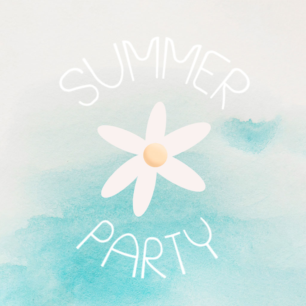A white flower on a blue watercolor background with 'Summer Party' written in white.