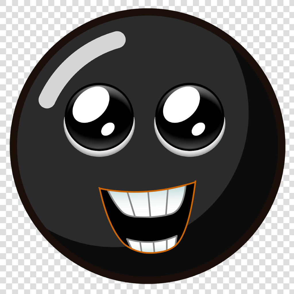 Black smiley face icon with a wide grin and raised eyebrow