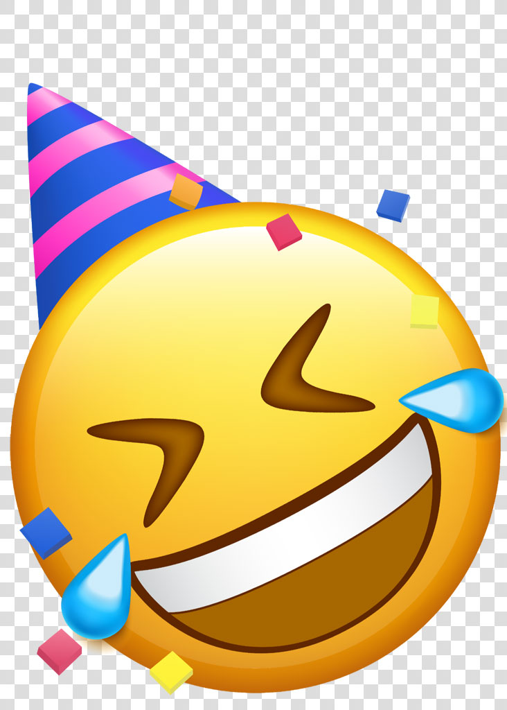 A yellow laughing emoji with a party hat and confetti around it.