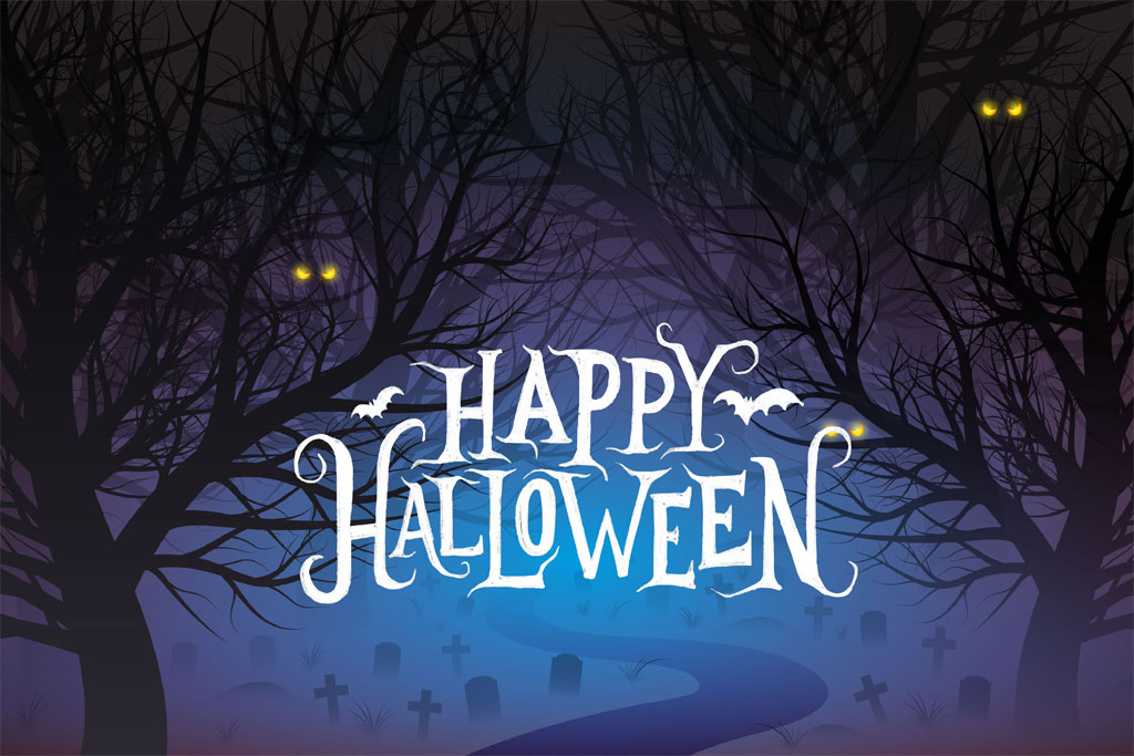 Happy Halloween text overlay on a spooky graveyard scene