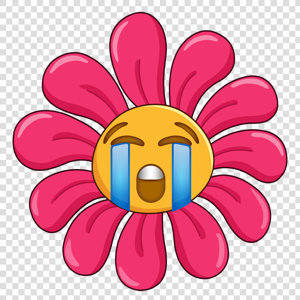 Crying flower emoji with pink petals and a yellow center