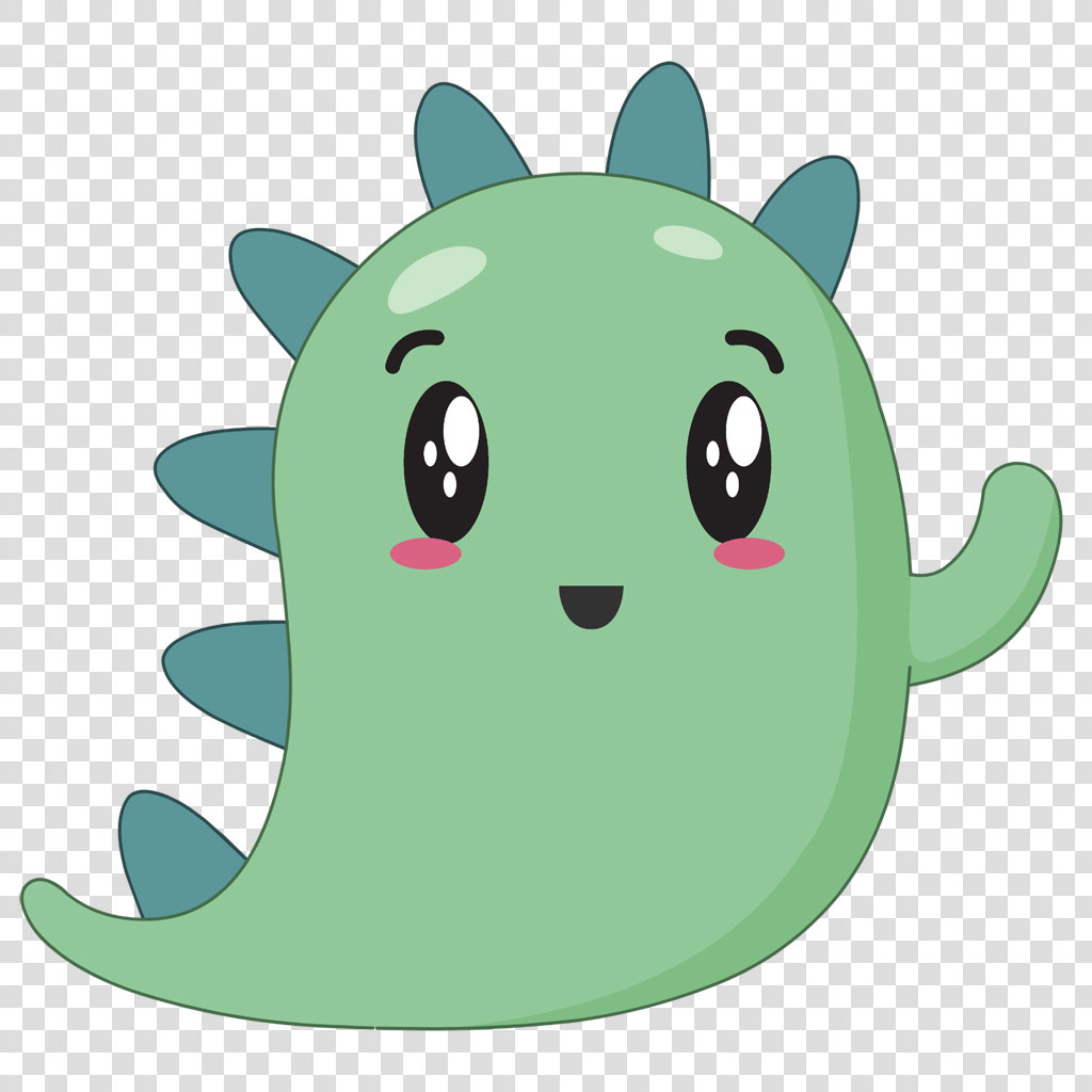 A cute cartoon dinosaur with a green body and blue spikes