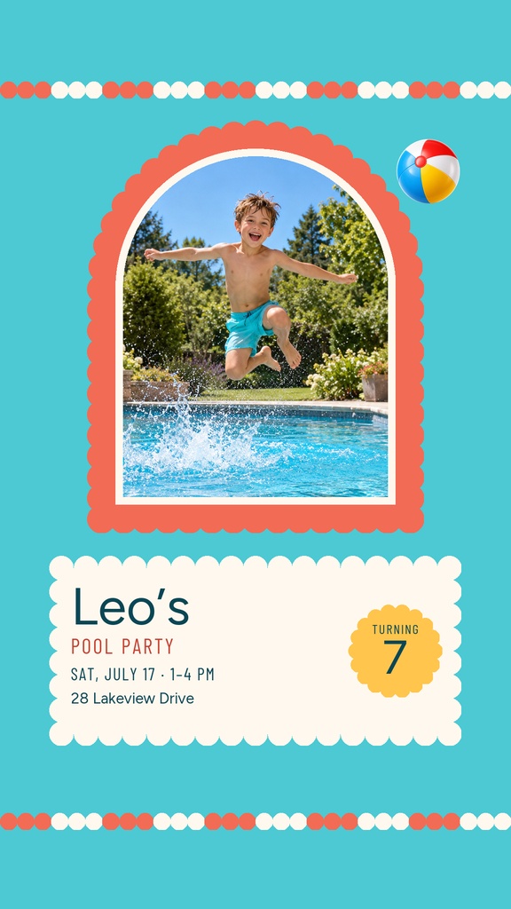 Colorful birthday story invitation with a boy jumping into a pool and a number seven badge.