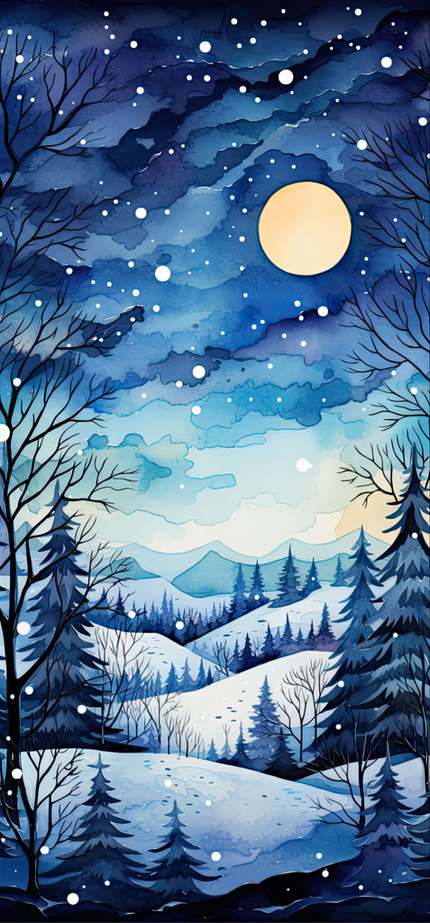 Watercolor illustration of a snowy landscape with trees and a full moon