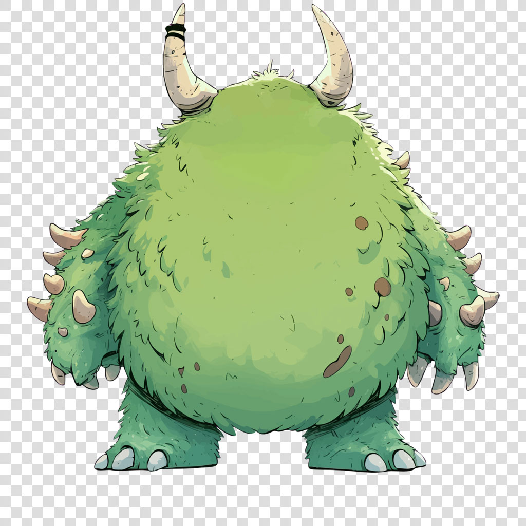 A green, furry monster with two horns and spikes on its arms and back.