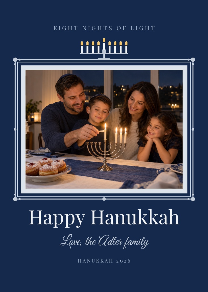 Family gathered around a lit menorah on a blue Hanukkah greeting card template.