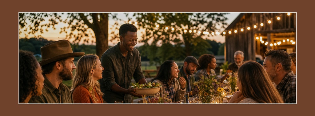 Friends gathered around an outdoor autumn dinner table with warm lights and fall decor.