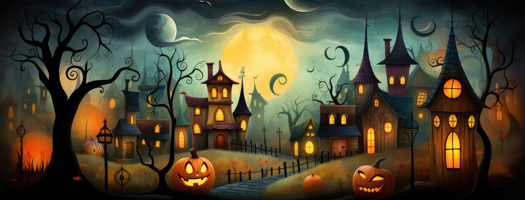 A spooky Halloween night scene with glowing houses and jack-o'-lanterns