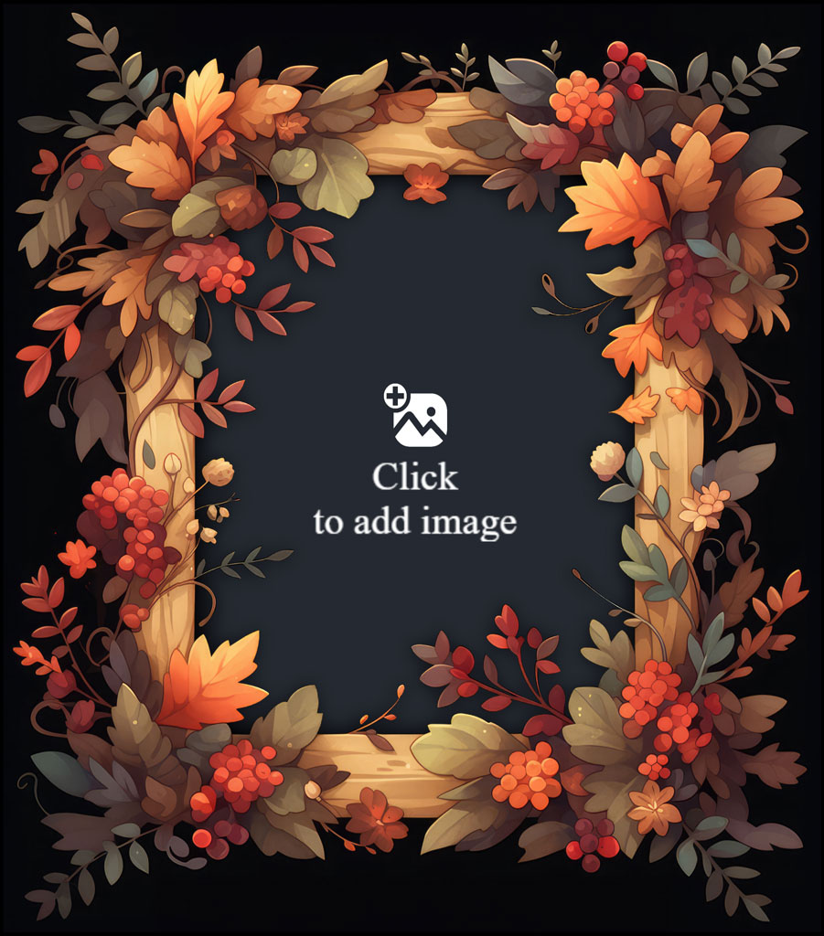 An autumnal wreath made of orange and red flowers and leaves on a dark background.