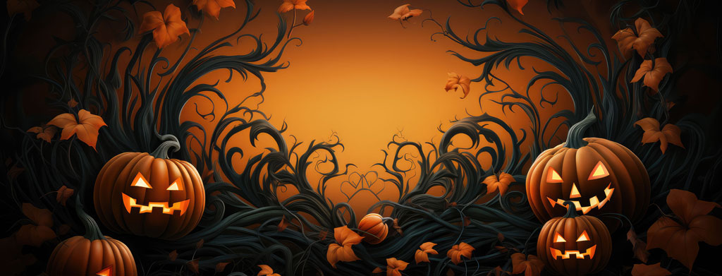Carved pumpkins surrounded by twisted vines and orange flowers
