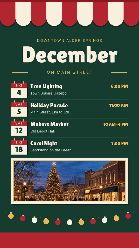 Festive holiday story template with December events list, tree lighting, parade, and market details.