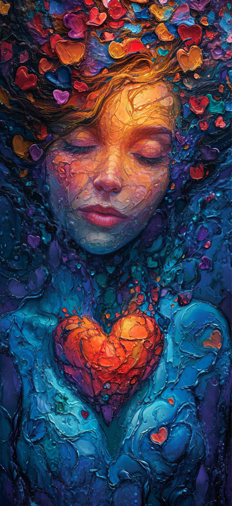 Woman surrounded by colorful hearts