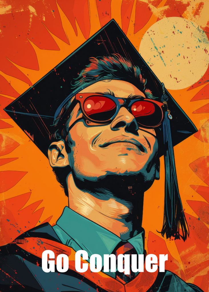 Graduate in cap and gown with sunglasses