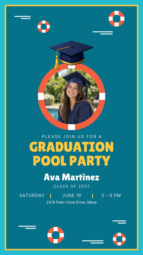 Portrait Instagram story with a graduation cap, smiling graduate photo, and pool party invitation text.