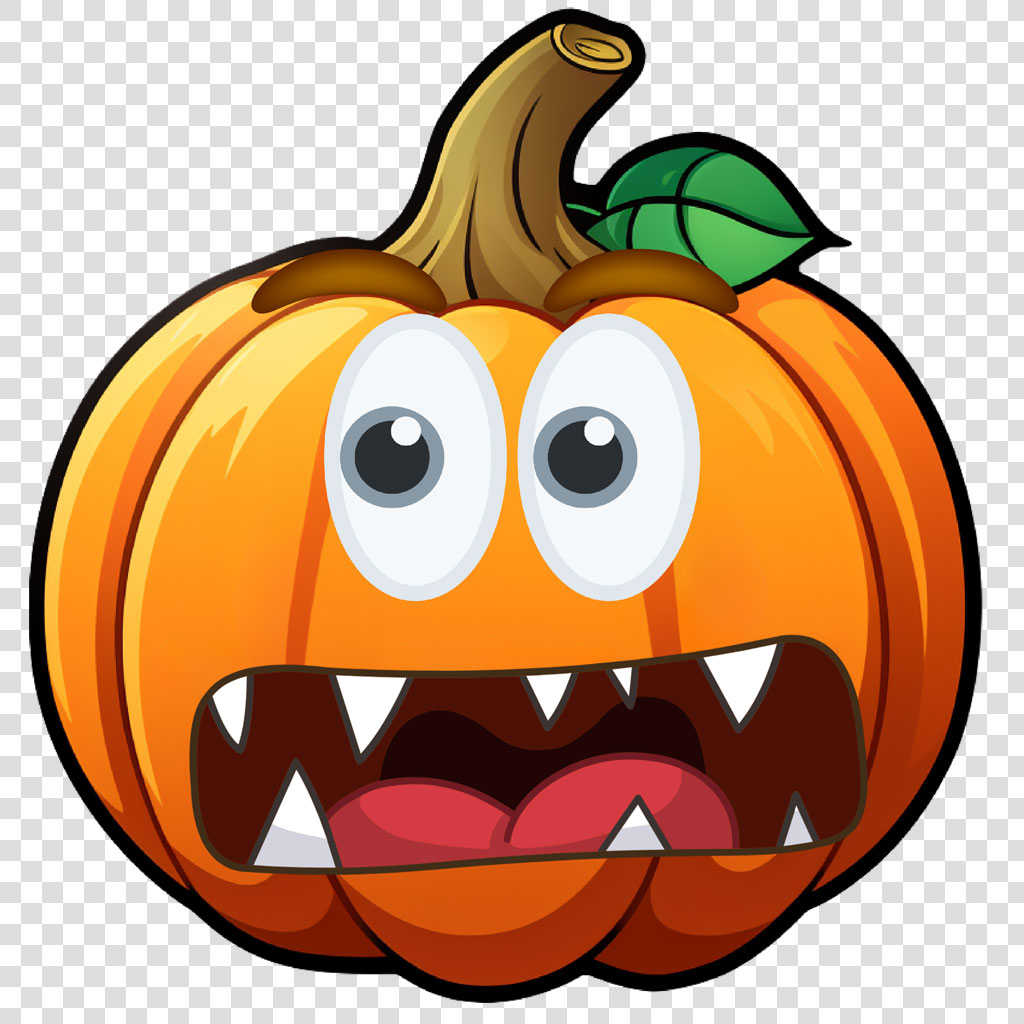 A cartoon pumpkin with large eyes and sharp teeth.