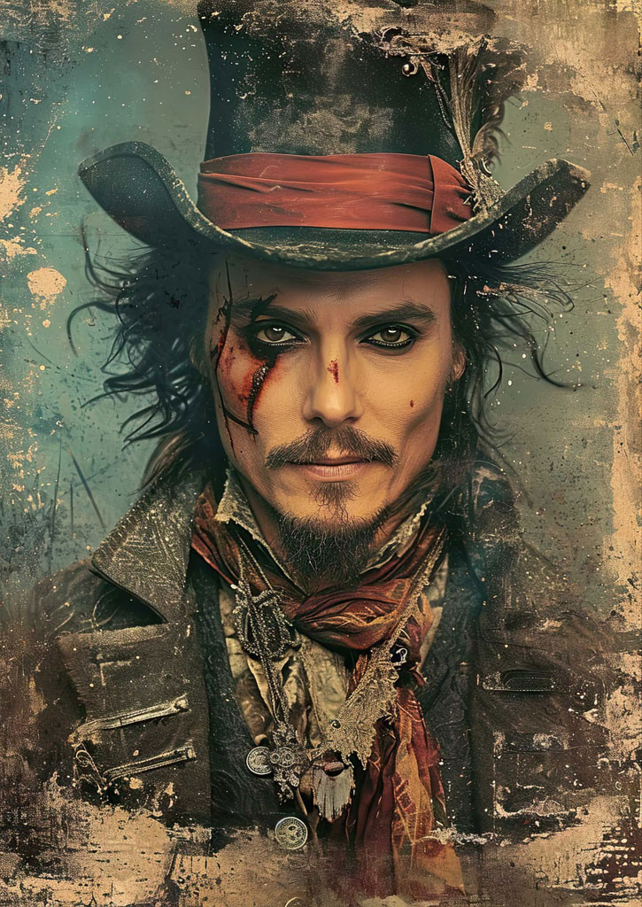 A pirate with a black hat and red bandana, having a grungy, distressed appearance.