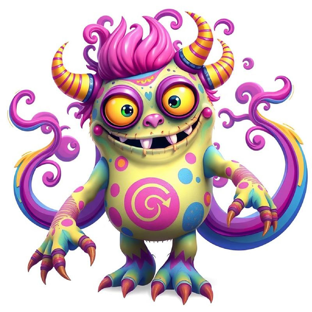 A fantastical, multicolored monster with horns and swirling tail