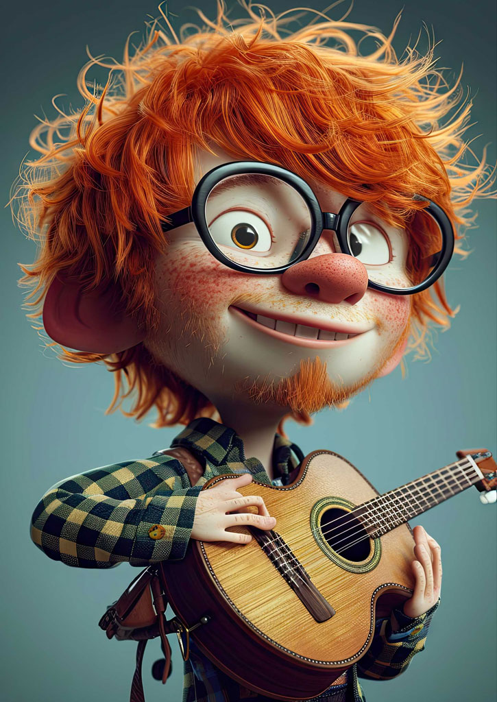 A cartoon boy with red hair and glasses holding a guitar