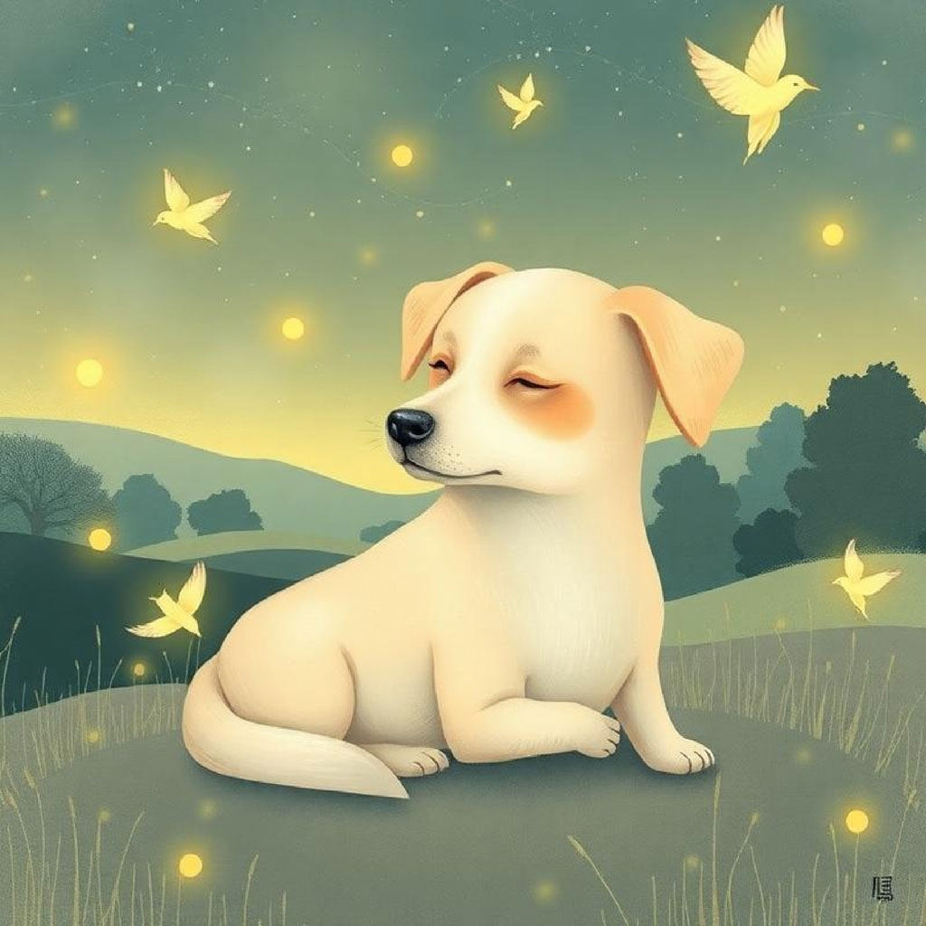 A girl with flowing hair stands on a hill surrounded by birds and yellow flowers at sunset.