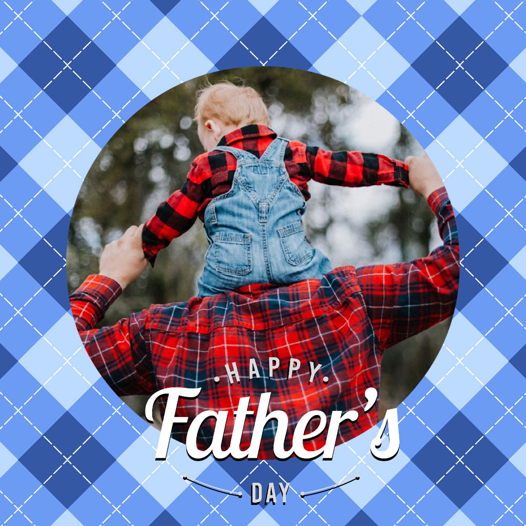 Father holding child on shoulders, both wearing plaid shirts