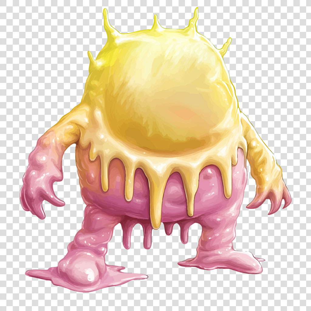 A cartoon-style illustration of a yellow and pink monster melting into a puddle.