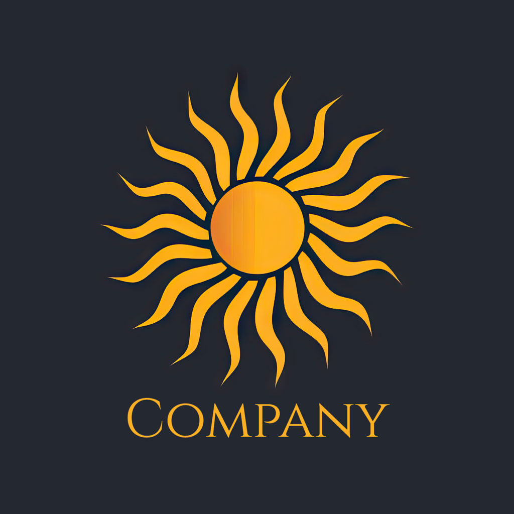 A stylized sun logo with yellow rays on a dark background