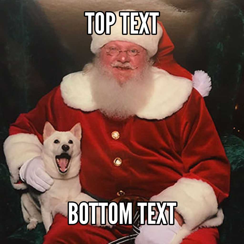 Santa Claus holding a white dog with top and bottom text overlay